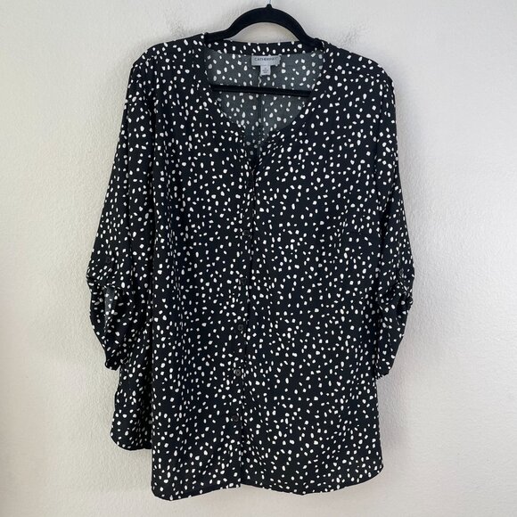 Catherines Womens Plus 1X Polka Dot Blouse Black White Roll Tab Sleeve Tunic Top - Picture 6 of 9